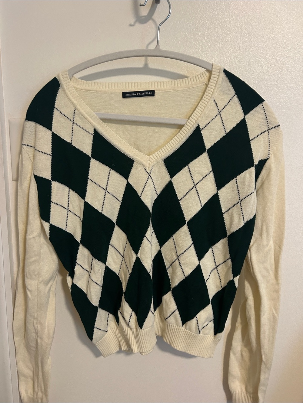 Brandy Melville Cream & Dark Green Argyle V-Neck Sweater